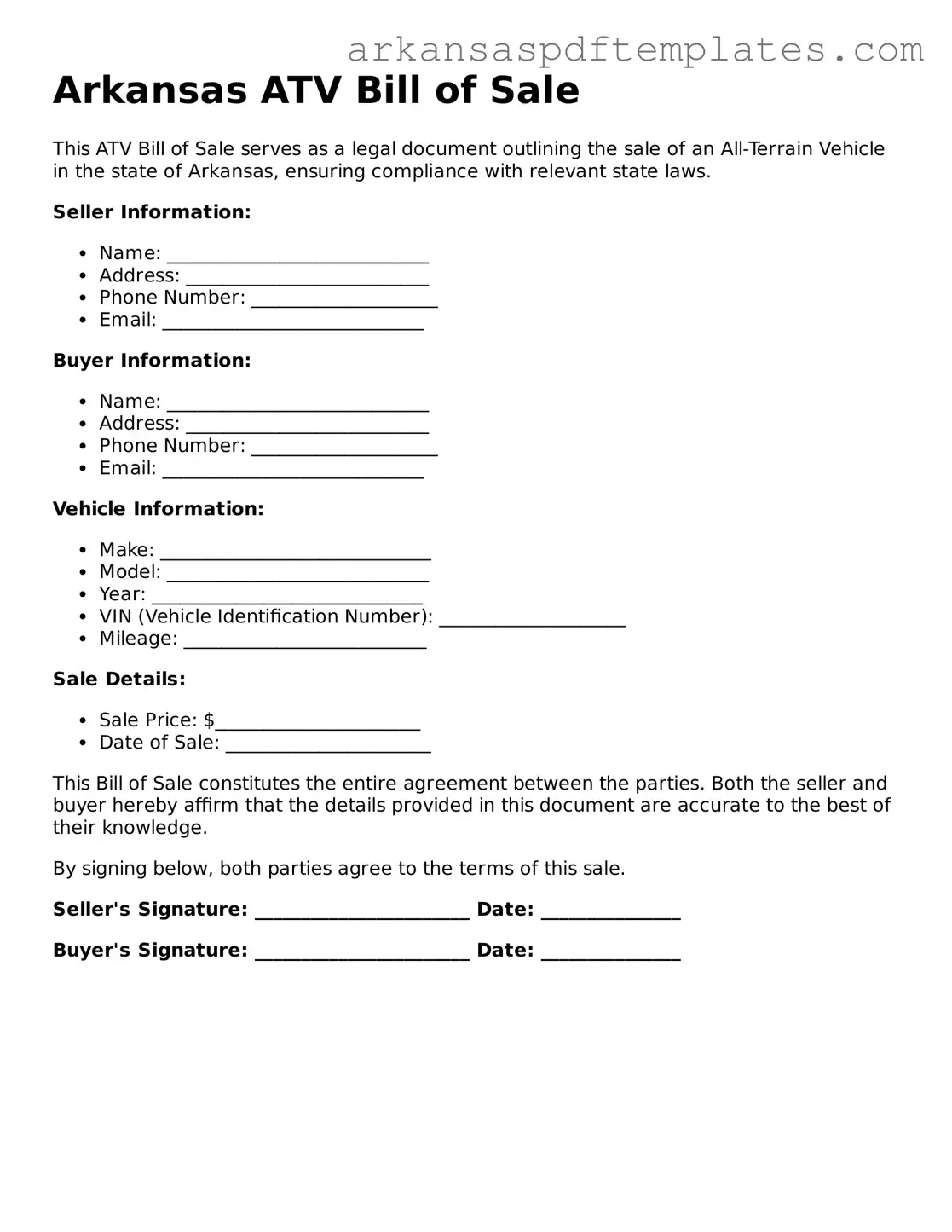 Free Arkansas ATV Bill of Sale Template