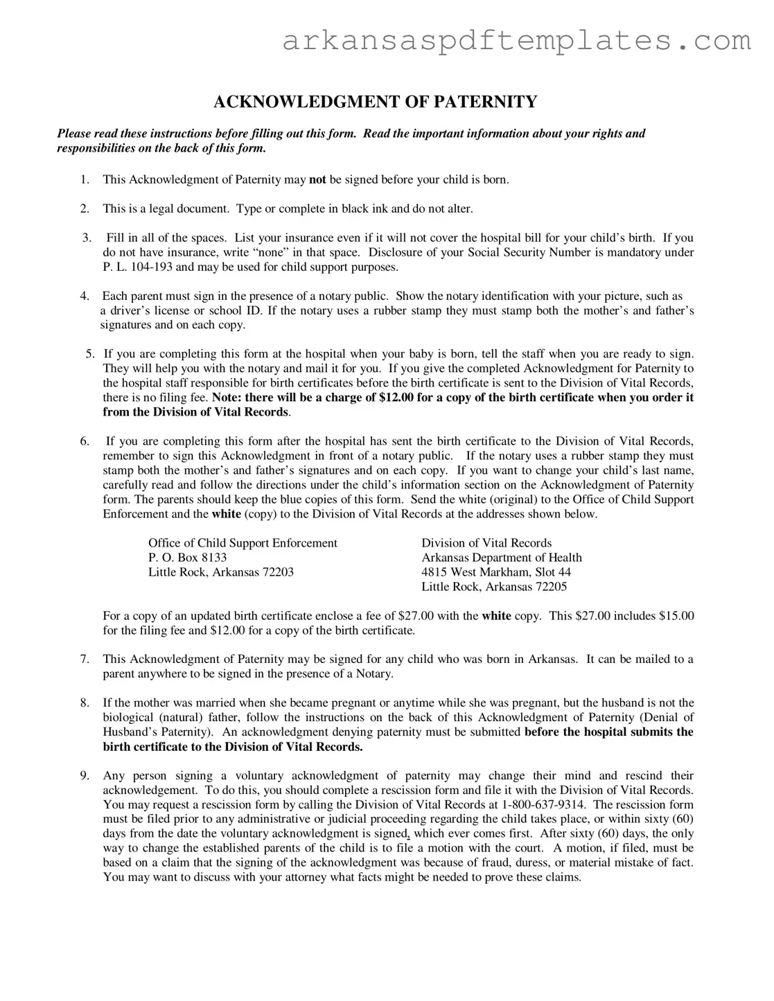 Fill Out a Valid Arkansas Acknowledgement Paternity Form
