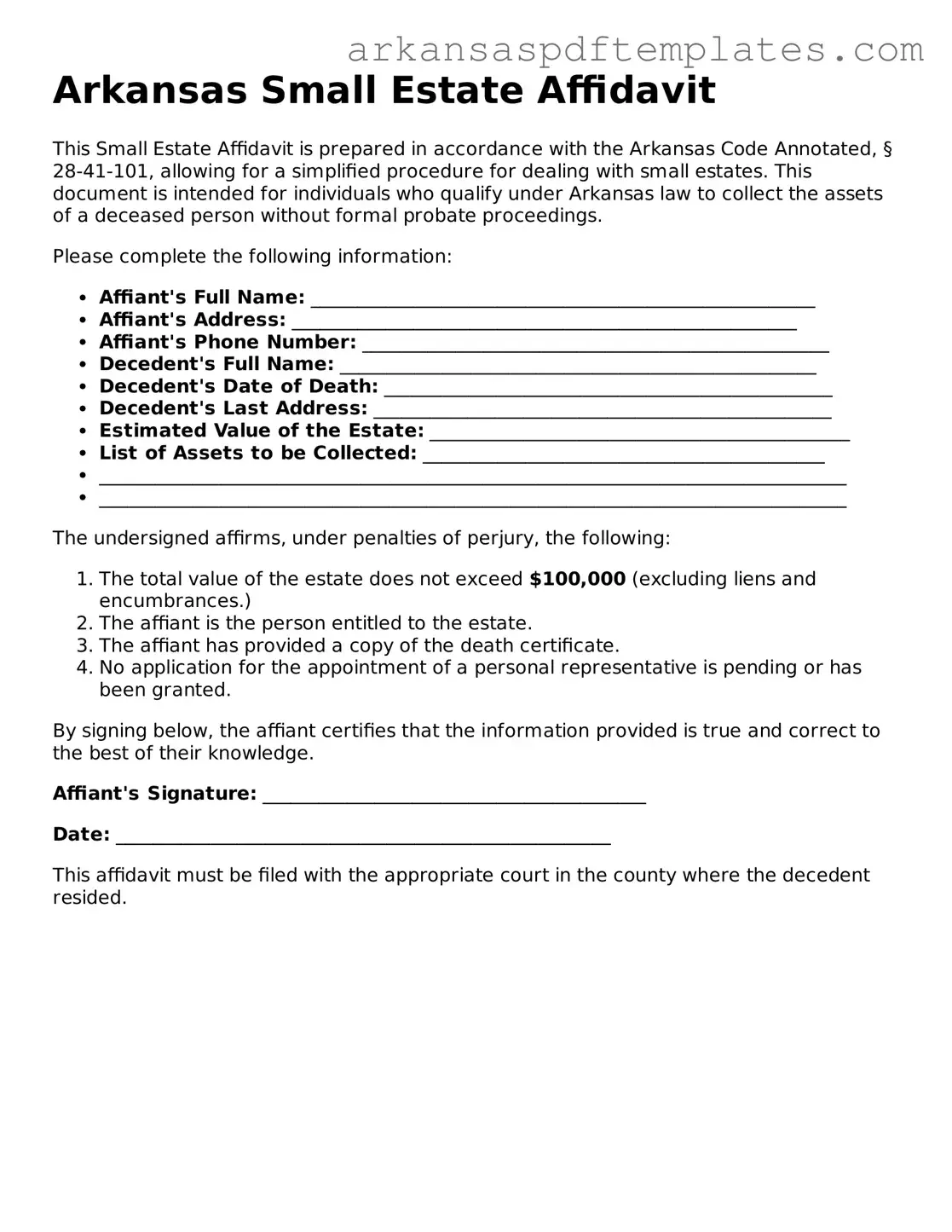Free Arkansas Small Estate Affidavit Template