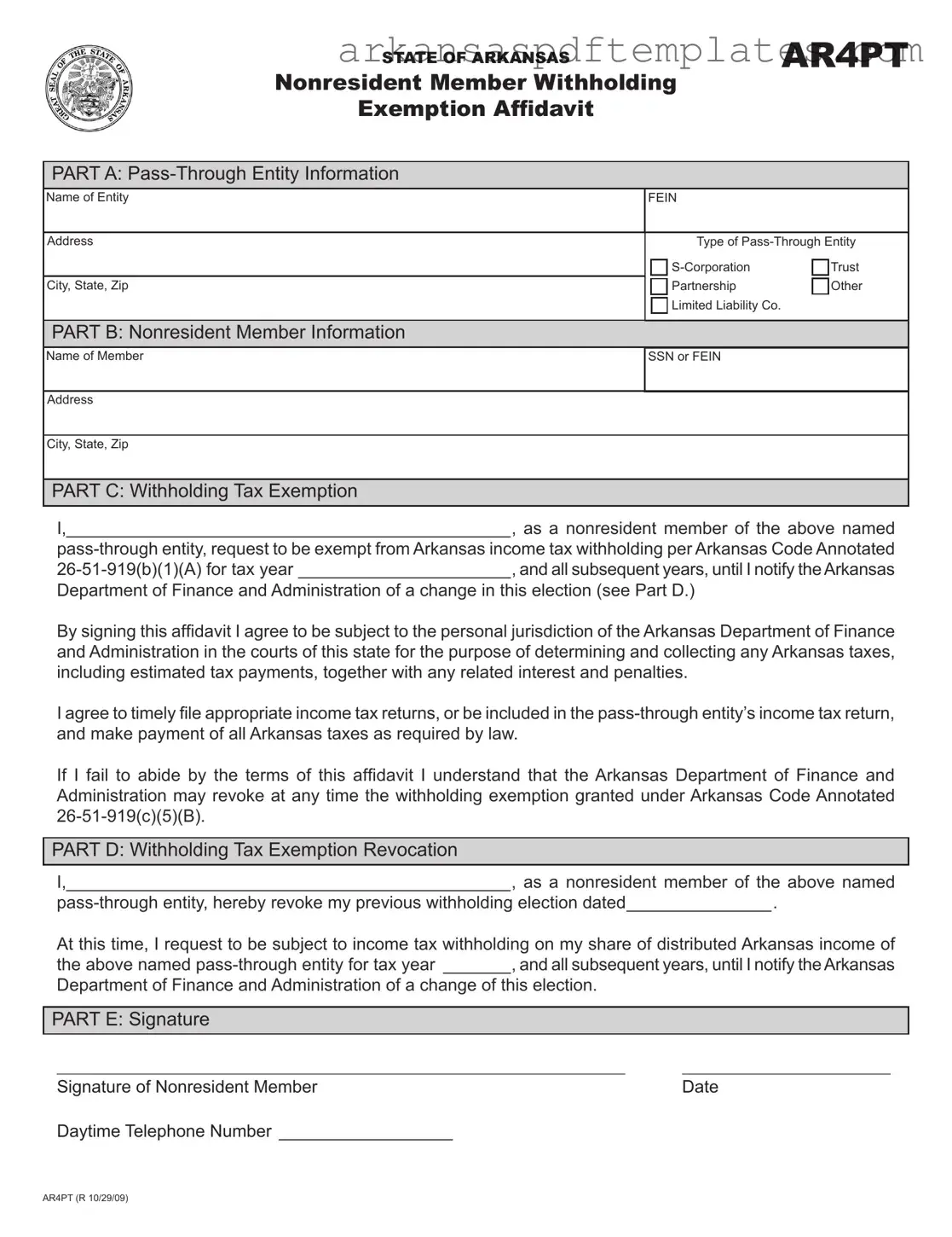 Fill Out a Valid Arkansas Ar4Pt Form