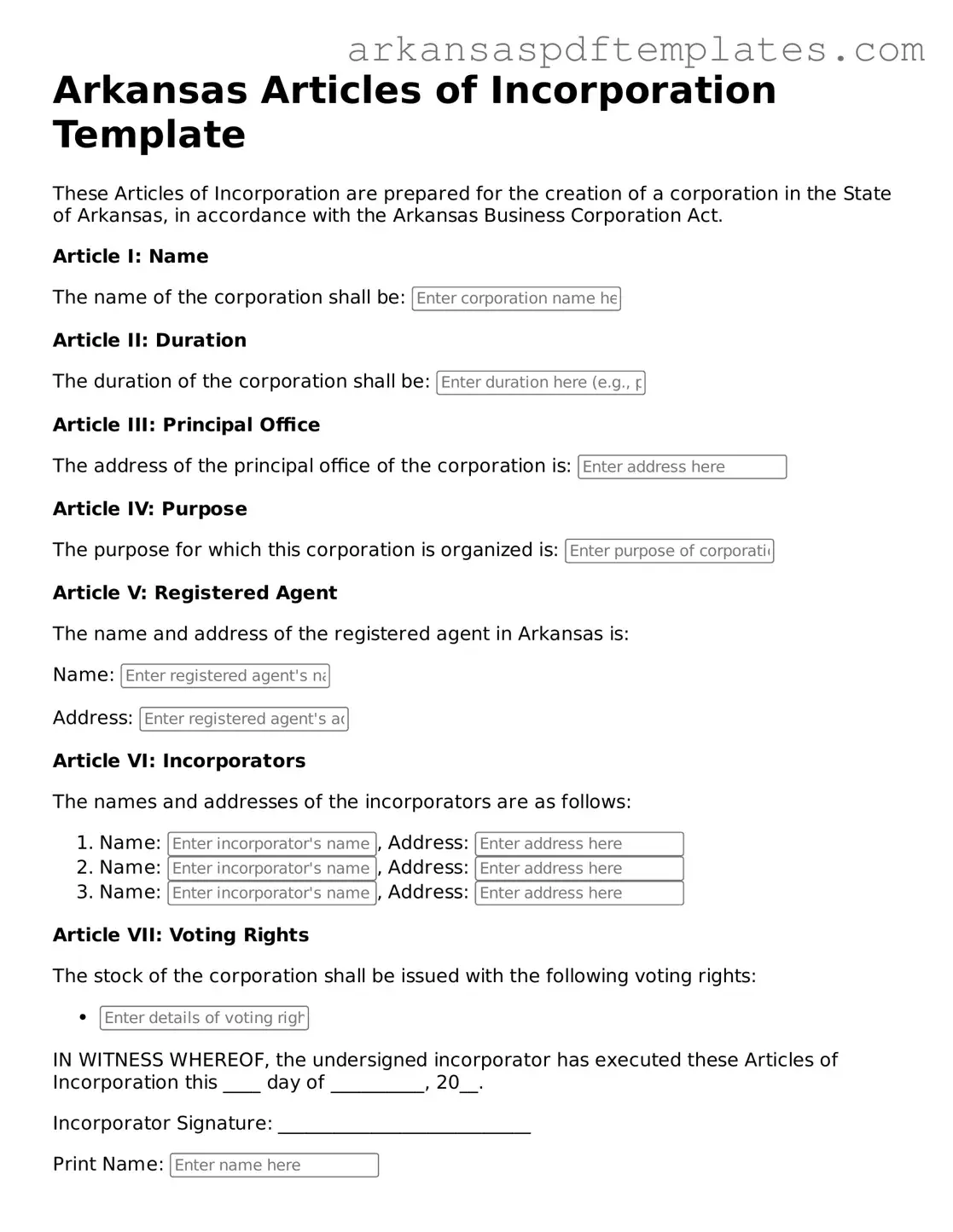 Free Arkansas Articles of Incorporation Template