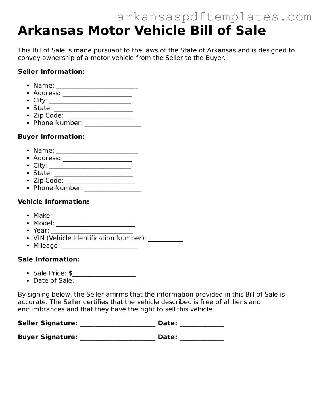 Free Arkansas Motor Vehicle Bill of Sale Template
