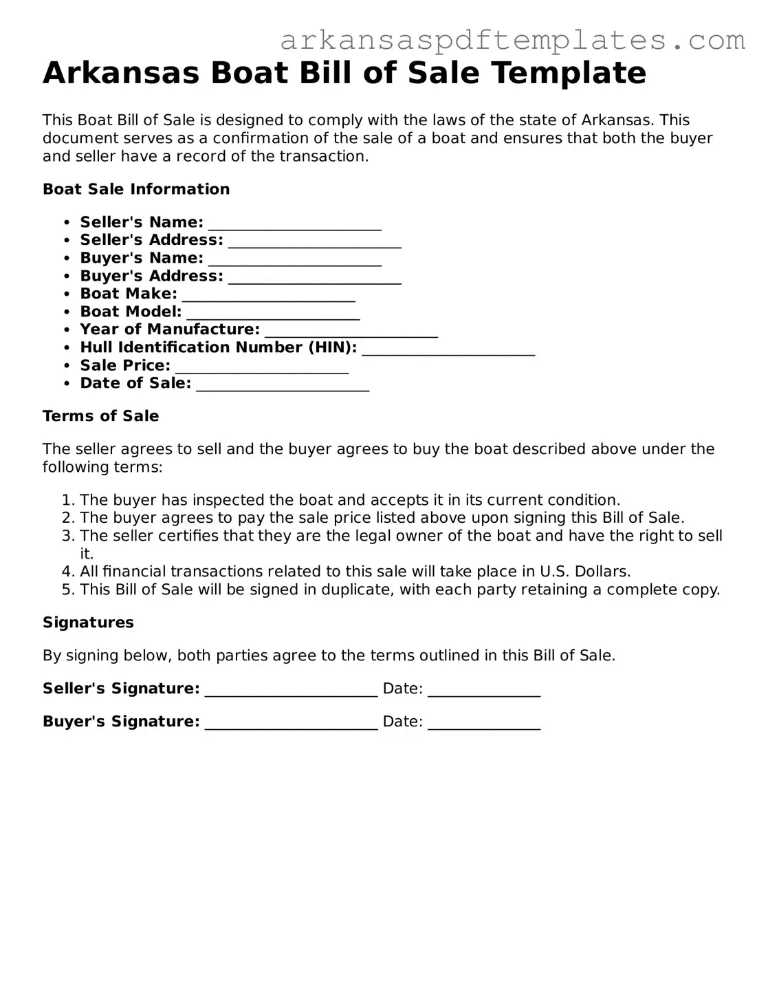 Free Arkansas Boat Bill of Sale Template
