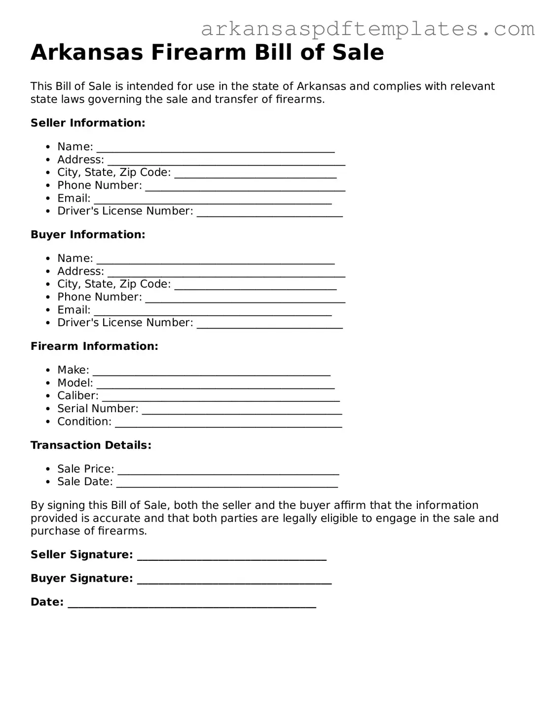 Free Arkansas Firearm Bill of Sale Template