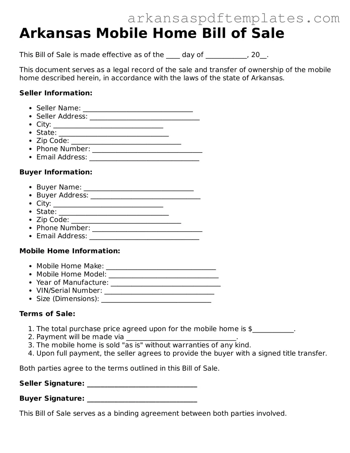 Free Arkansas Mobile Home Bill of Sale Template