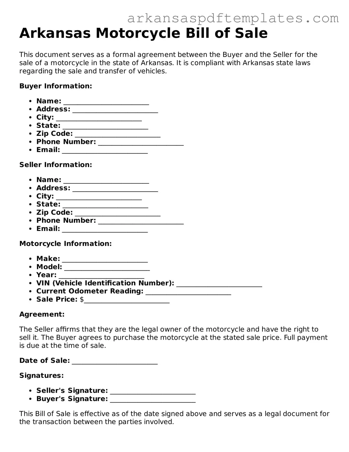 Free Arkansas Motorcycle Bill of Sale Template
