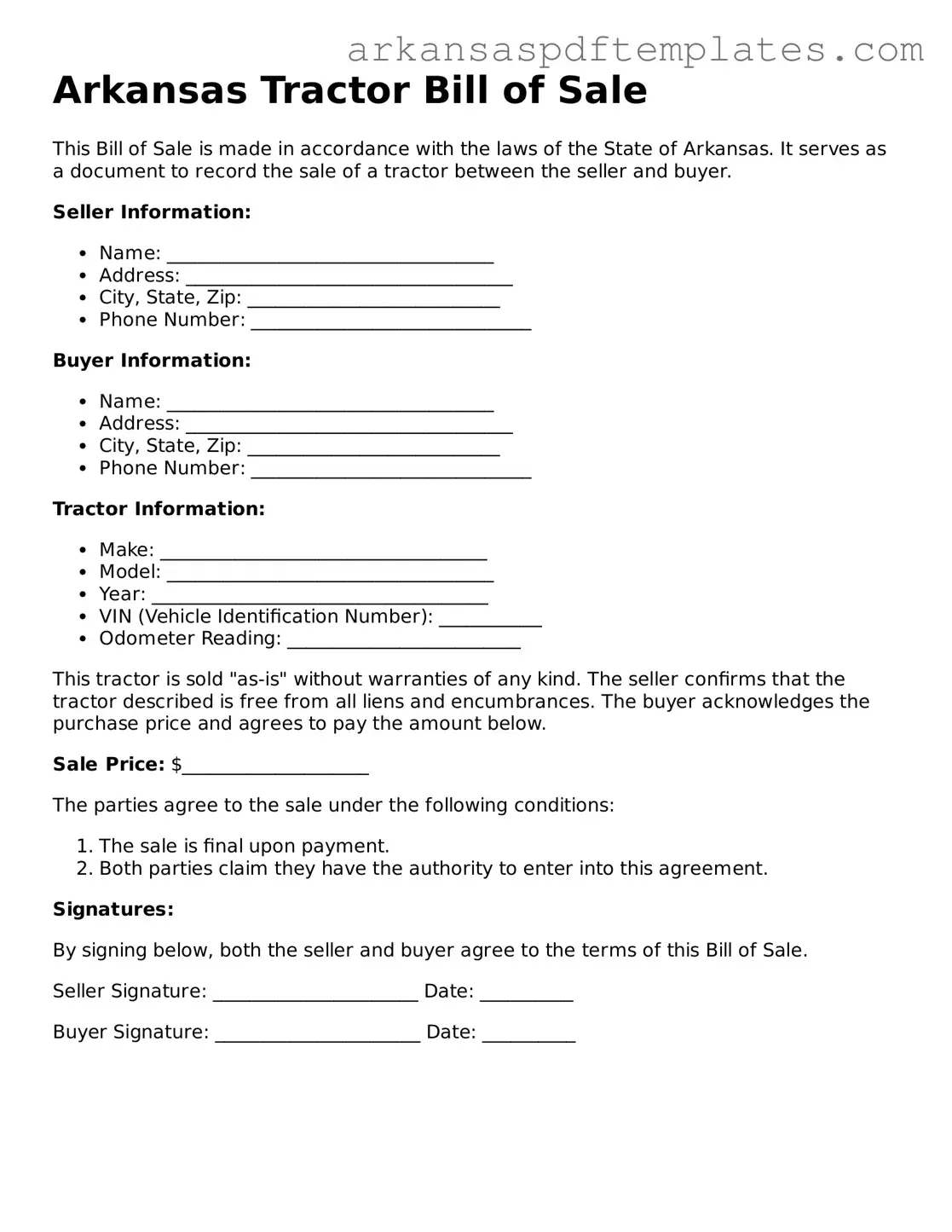Free Arkansas Tractor Bill of Sale Template