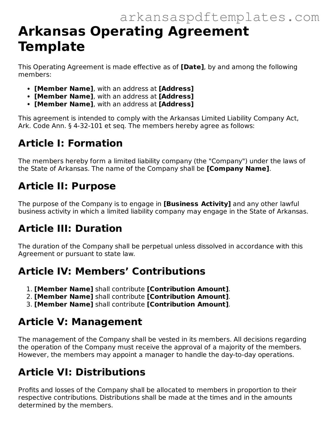 Free Arkansas Operating Agreement Template