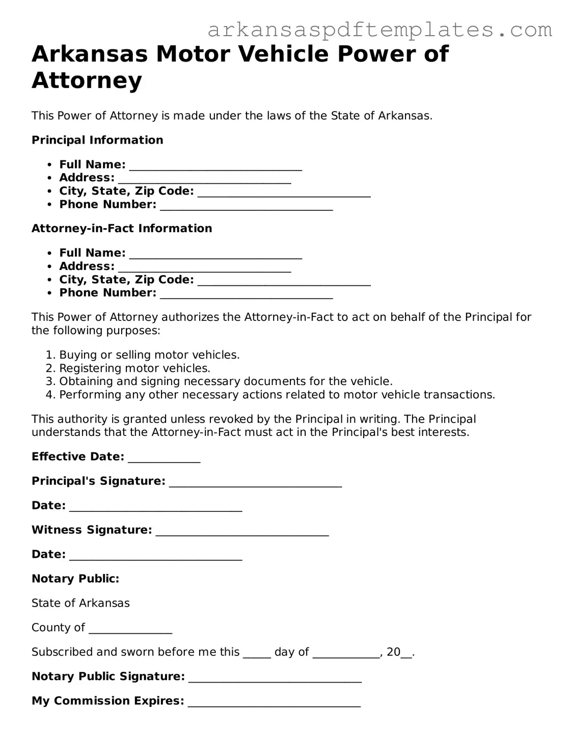 Free Arkansas Motor Vehicle Power of Attorney Template