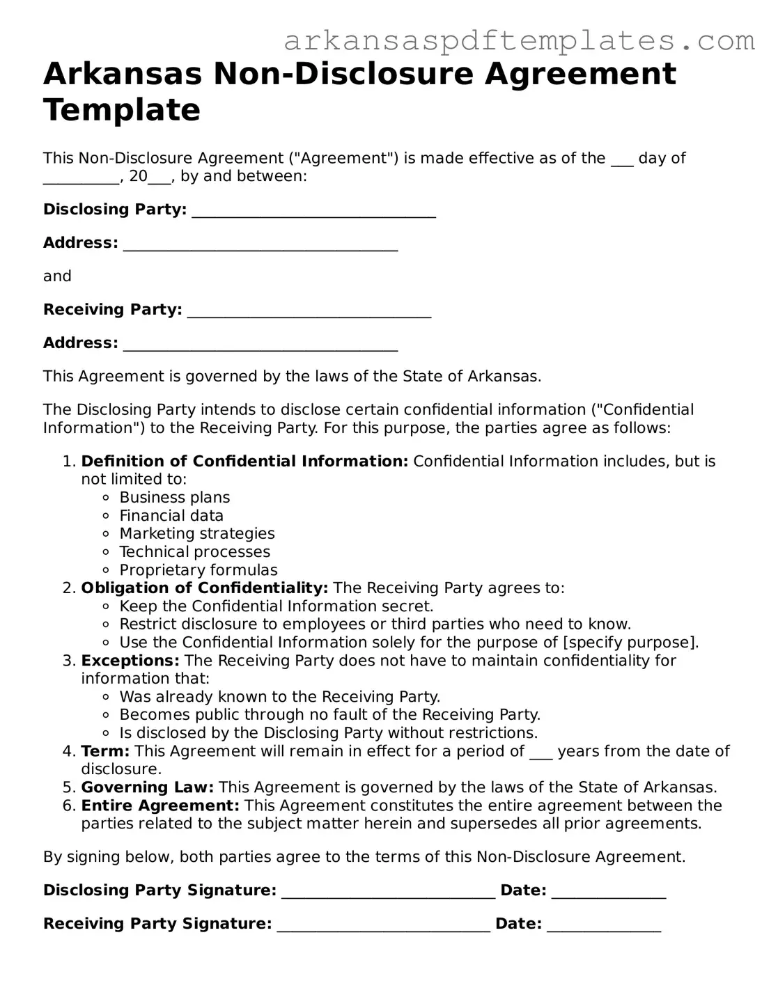 Free Arkansas Non-disclosure Agreement Template