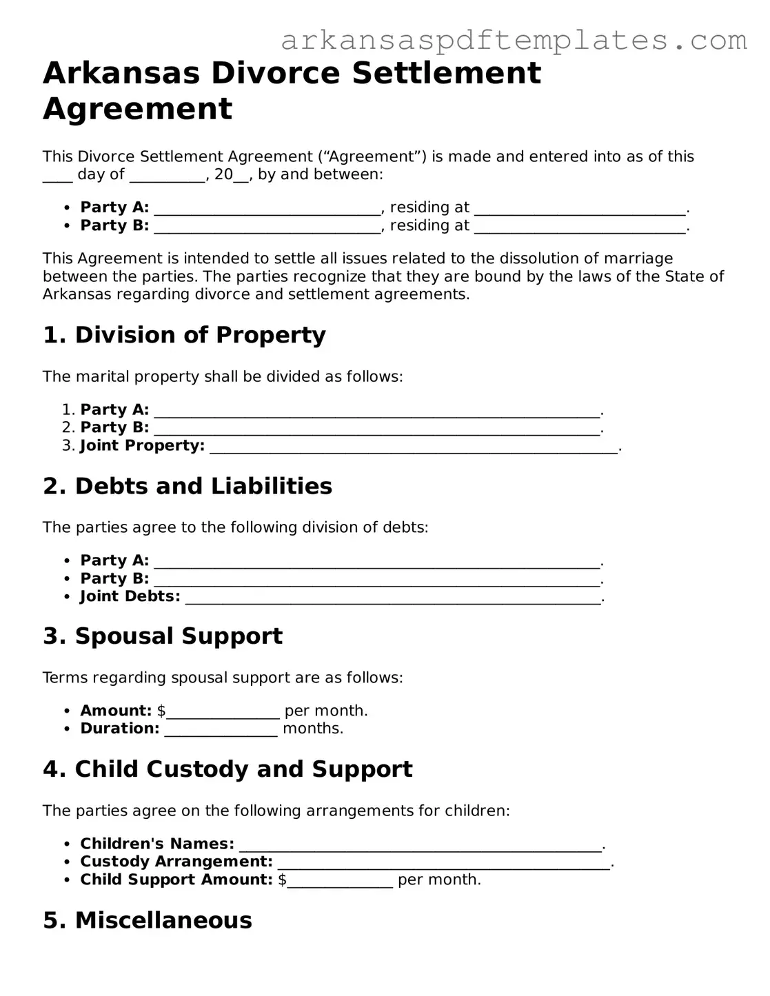 Free Arkansas Divorce Settlement Agreement Template