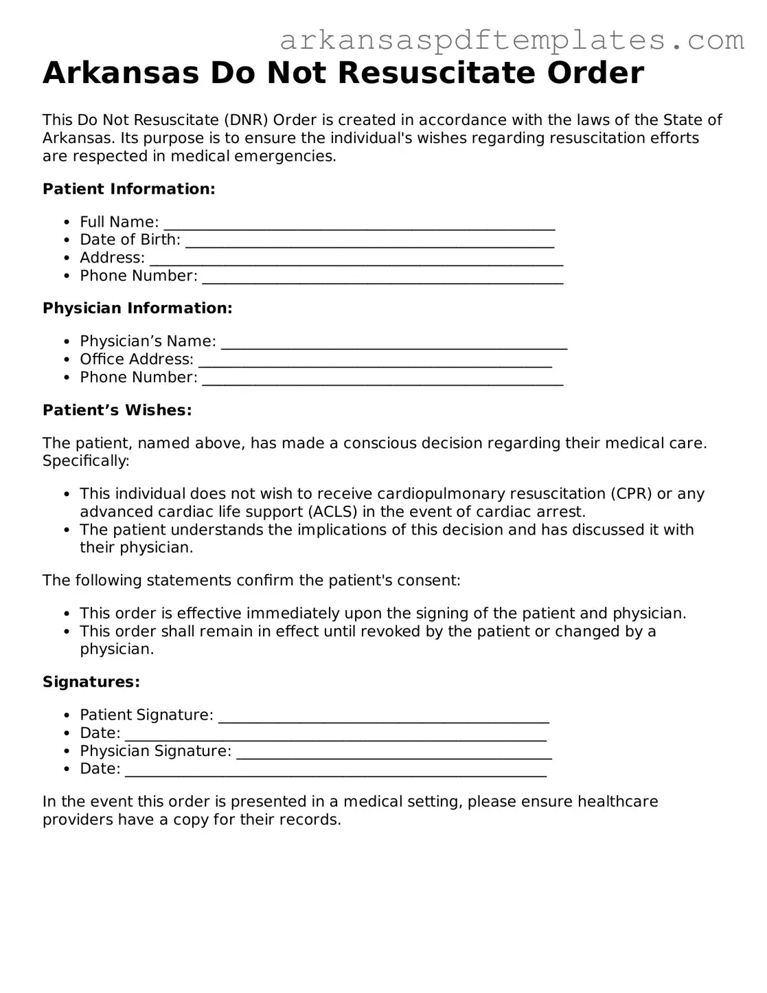Free Arkansas Do Not Resuscitate Order Template