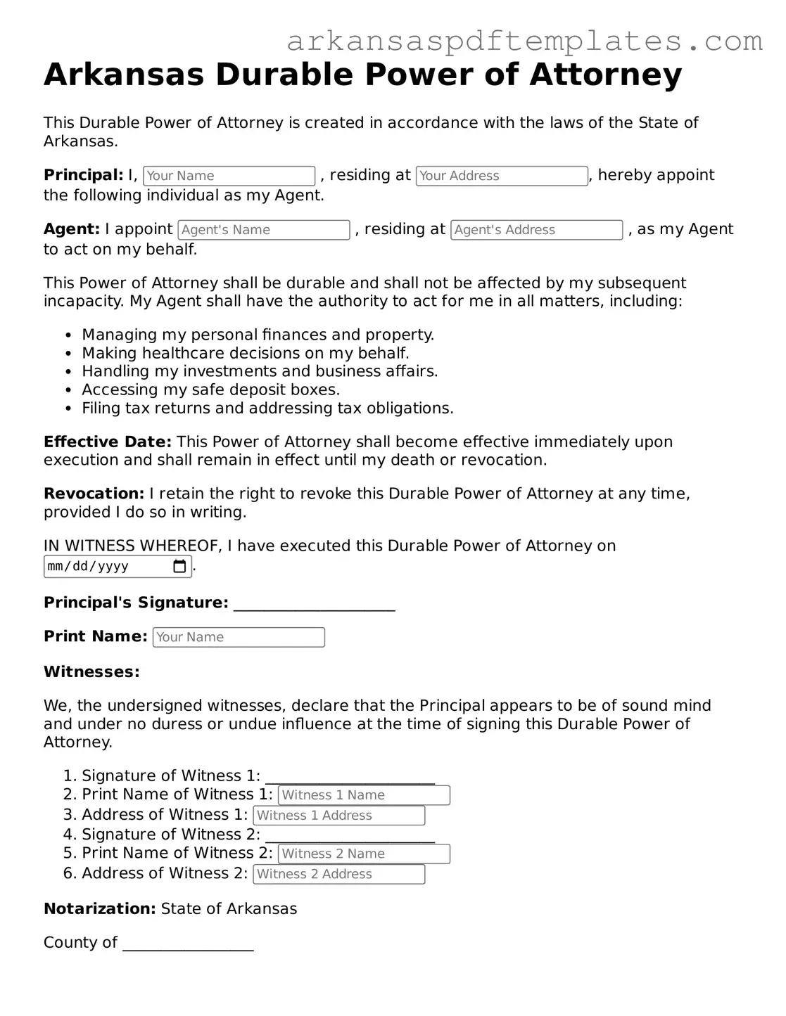 Free Arkansas Durable Power of Attorney Template