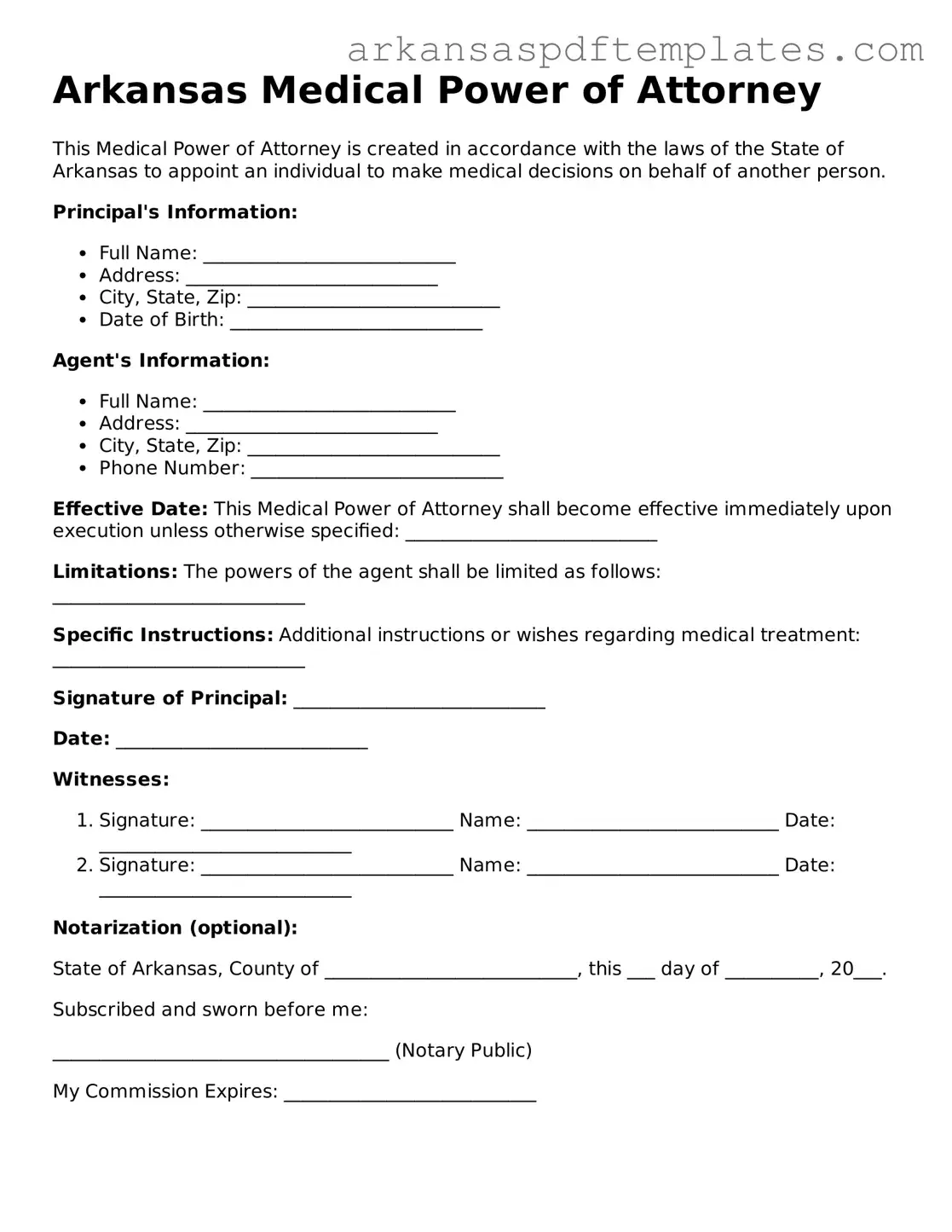 Free Arkansas Medical Power of Attorney Template