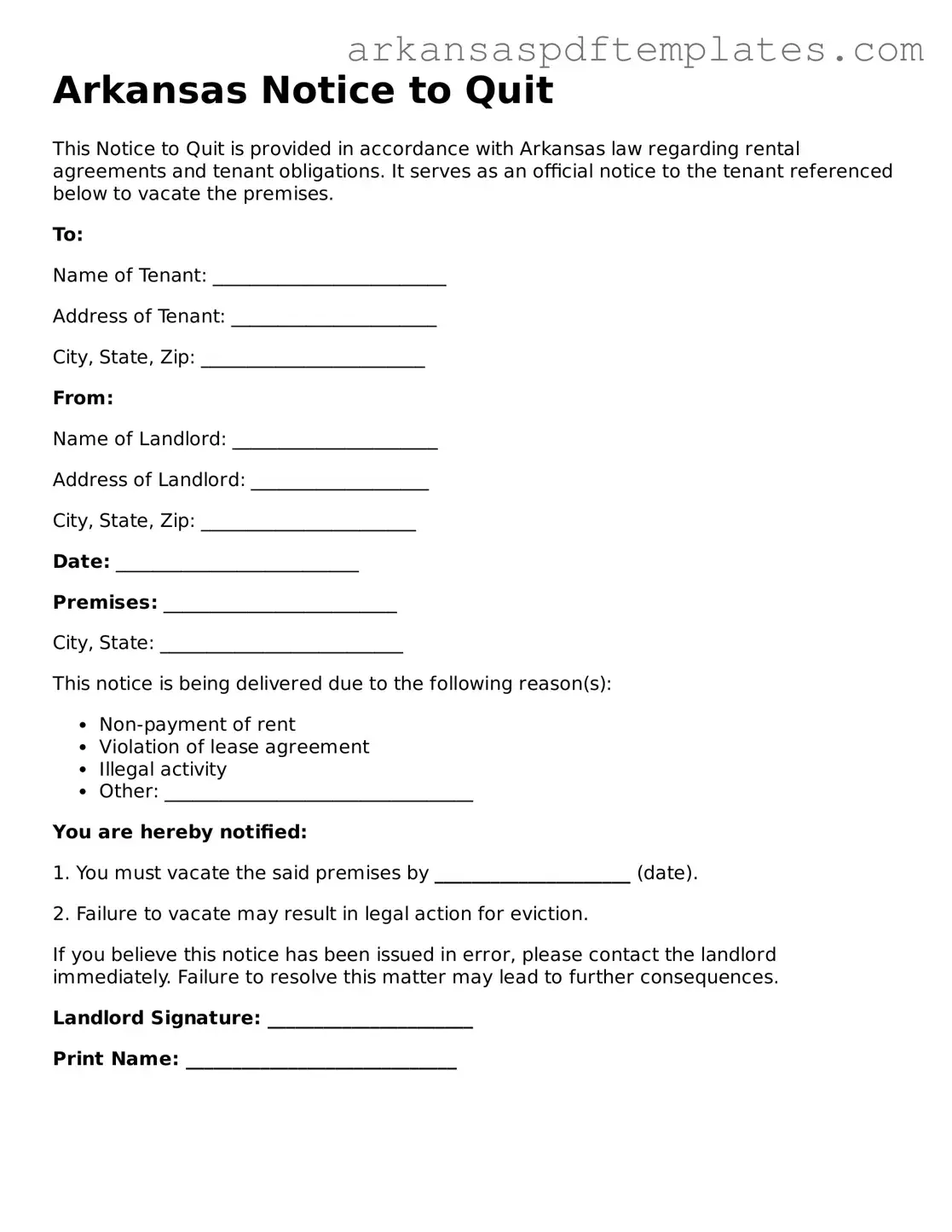 Free Arkansas Notice to Quit Template