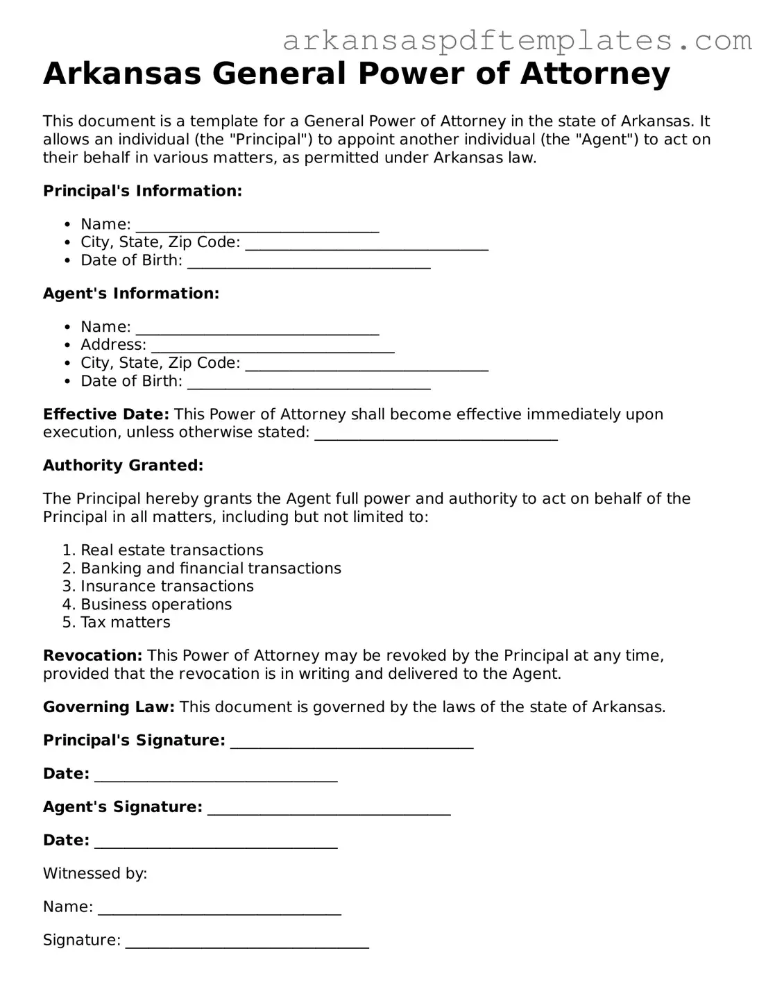 Free Arkansas General Power of Attorney Template