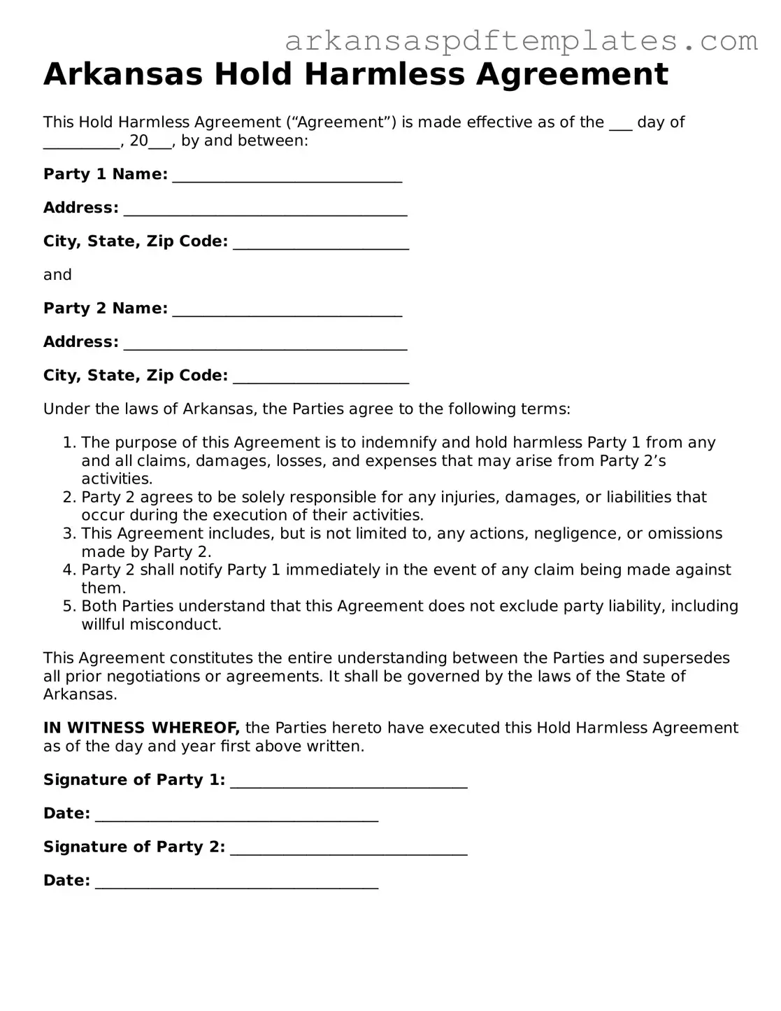 Free Arkansas Hold Harmless Agreement Template