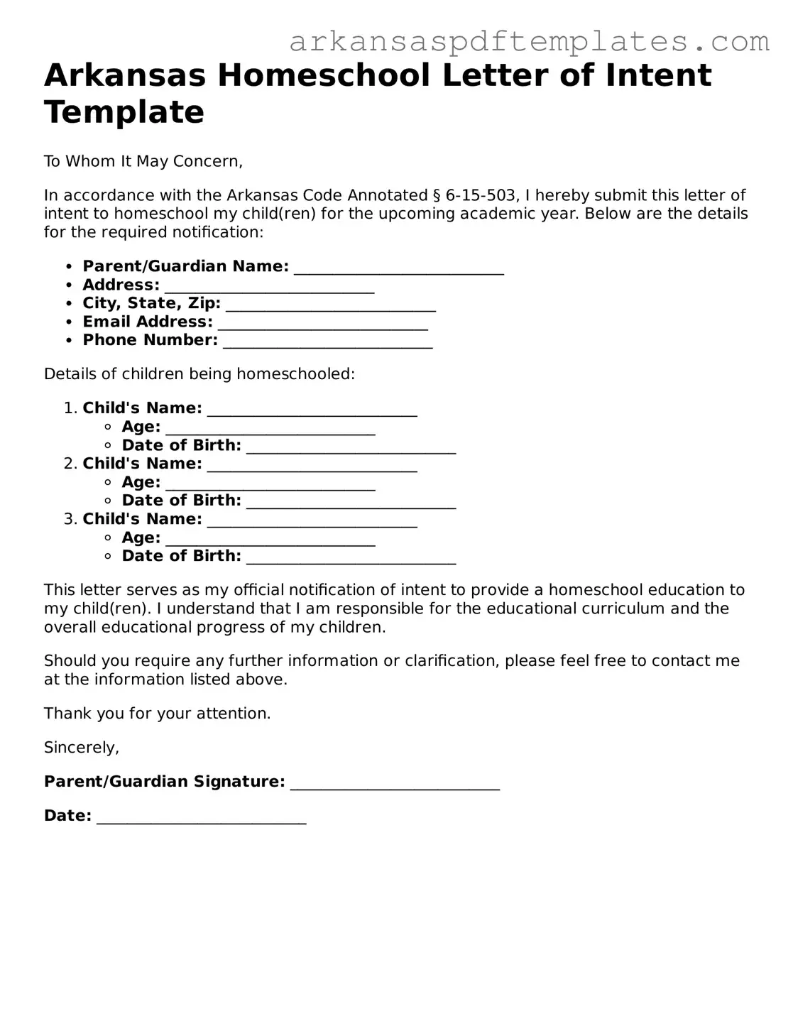 Free Arkansas Homeschool Letter of Intent Template