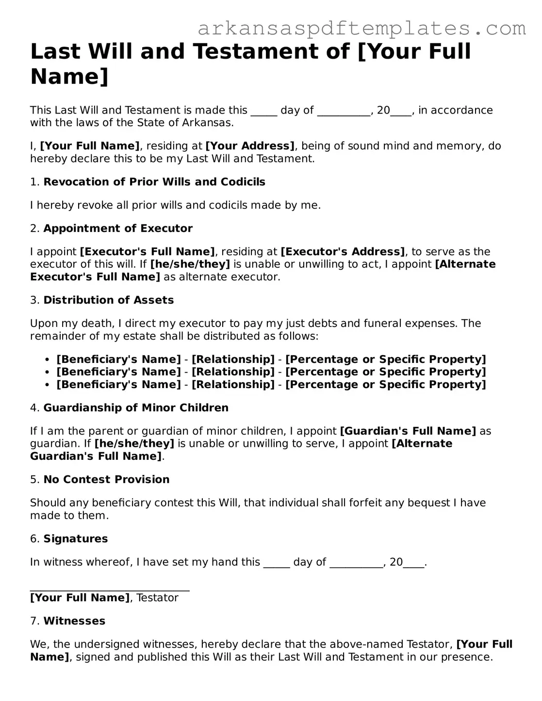 Free Arkansas Last Will and Testament Template