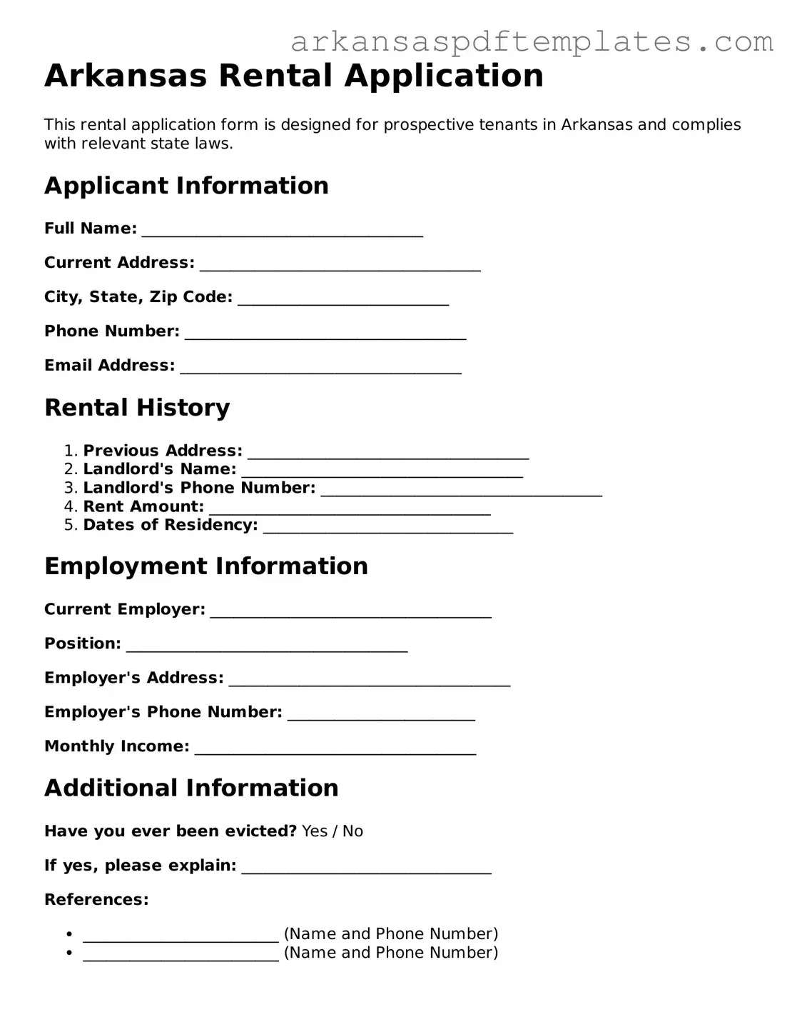 Free Arkansas Rental Application Template