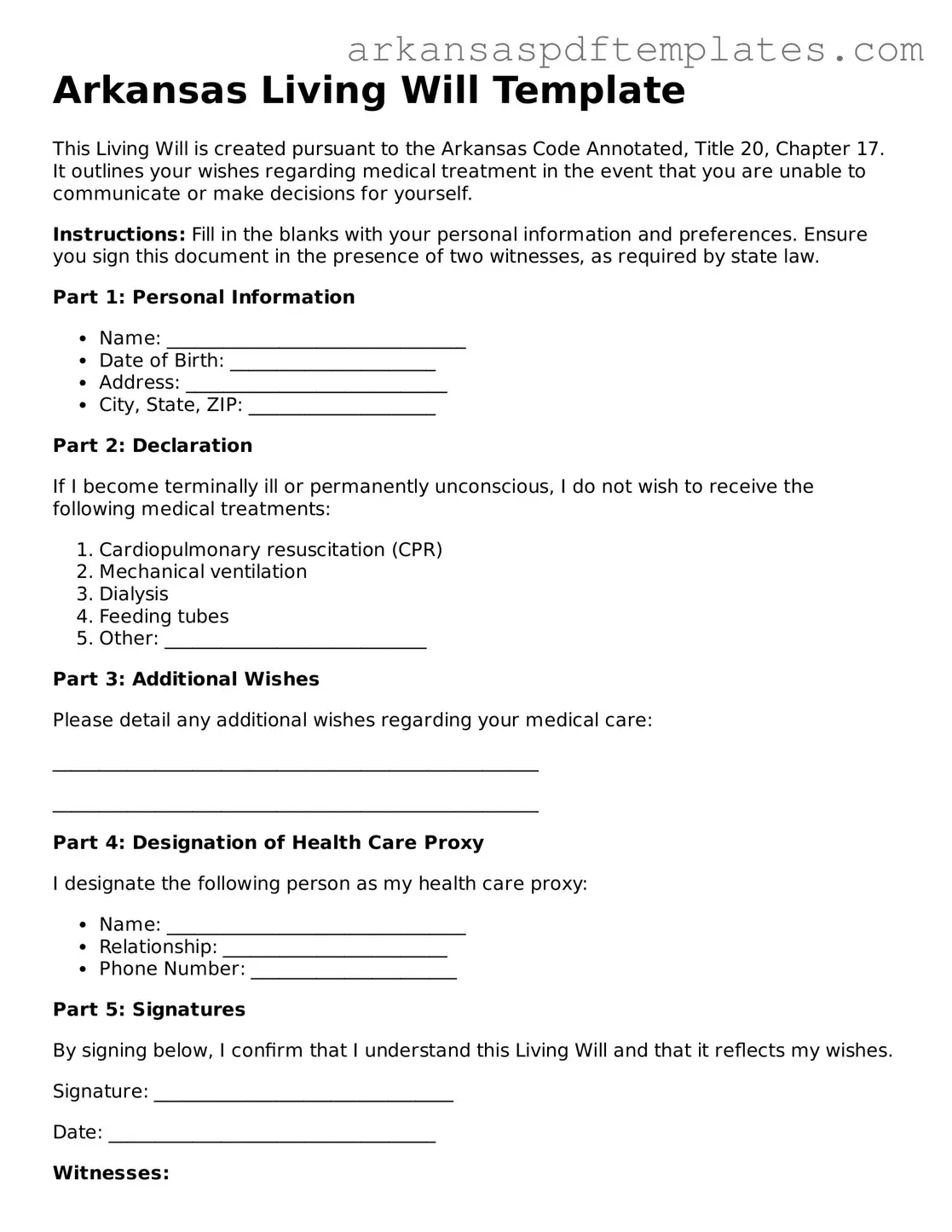 Free Arkansas Living Will Template