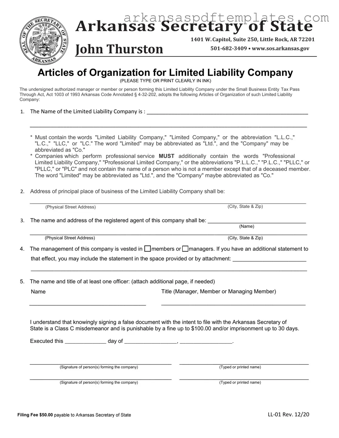 Fill Out a Valid Arkansas Ll 01 Form