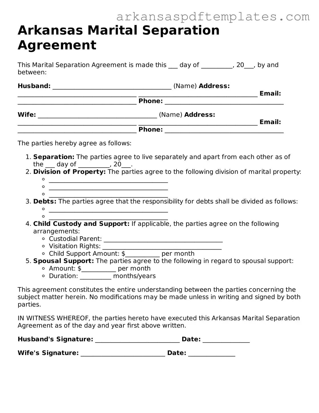 Free Arkansas Marital Separation Agreement Template