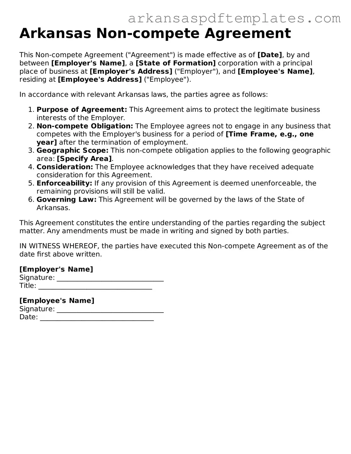 Free Arkansas Non-compete Agreement Template