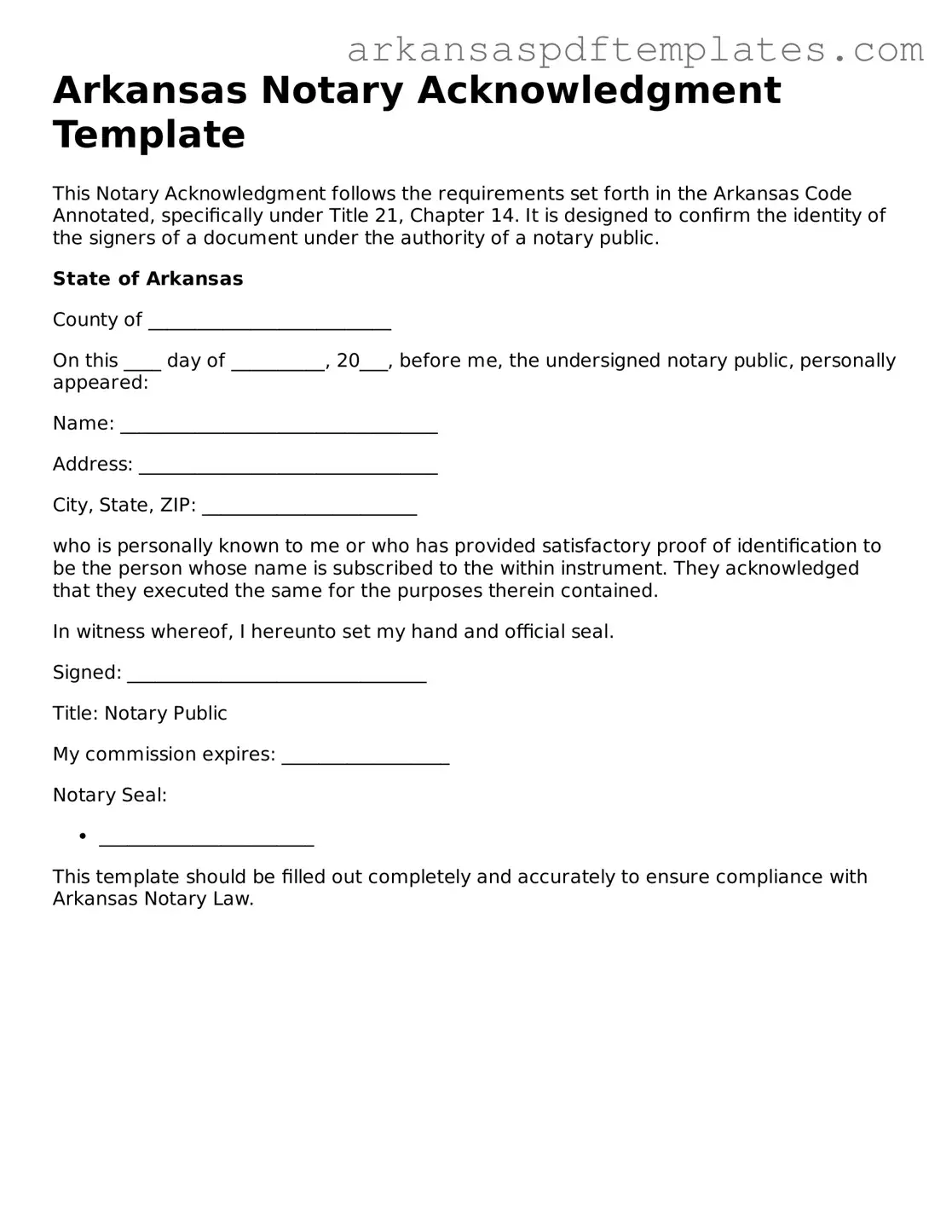 Free Arkansas Notary Acknowledgement Template