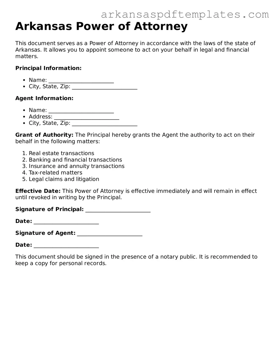 Free Arkansas Power of Attorney Template