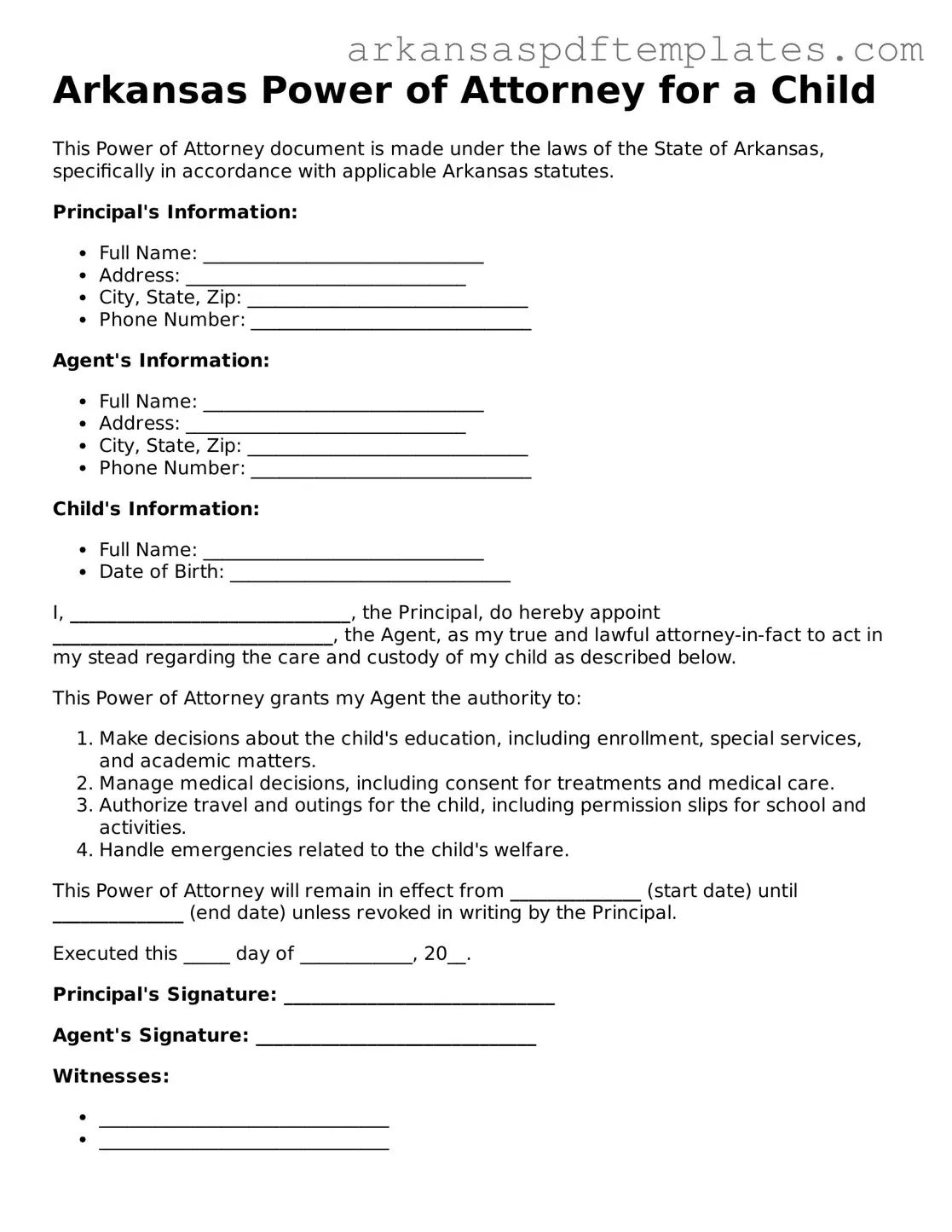 Free Arkansas Power of Attorney for a Child Template