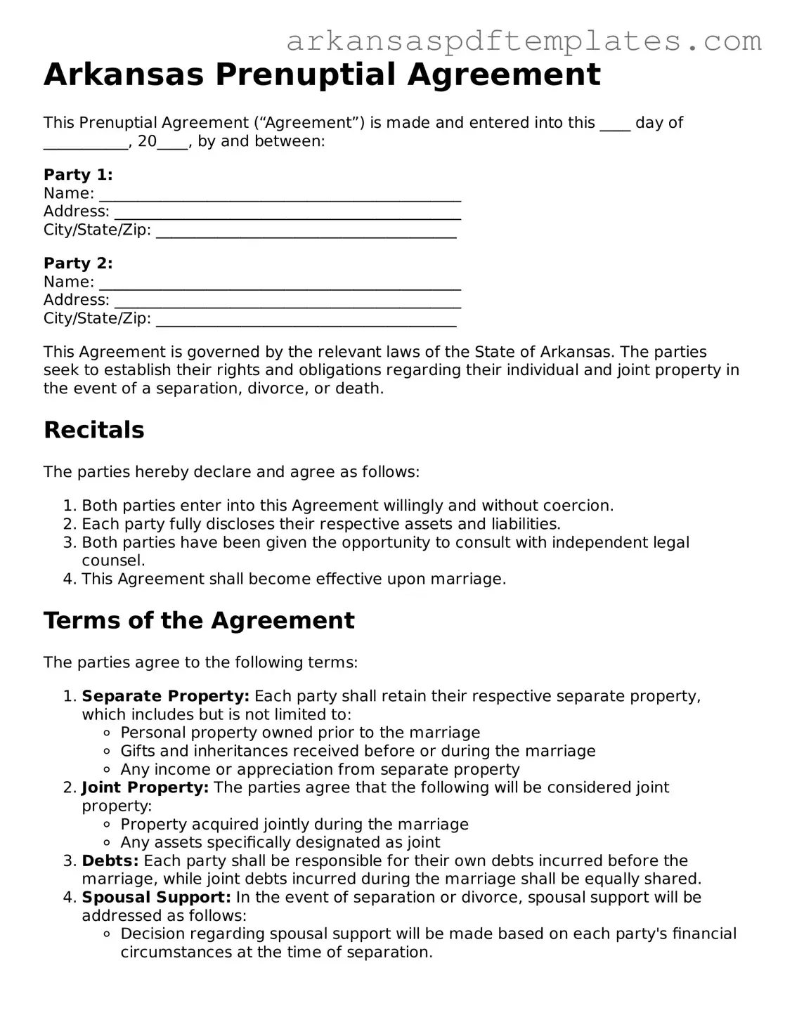 Free Arkansas Prenuptial Agreement Template
