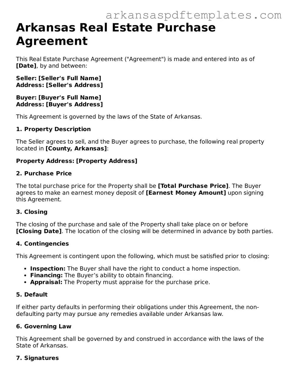 Free Arkansas Real Estate Purchase Agreement Template