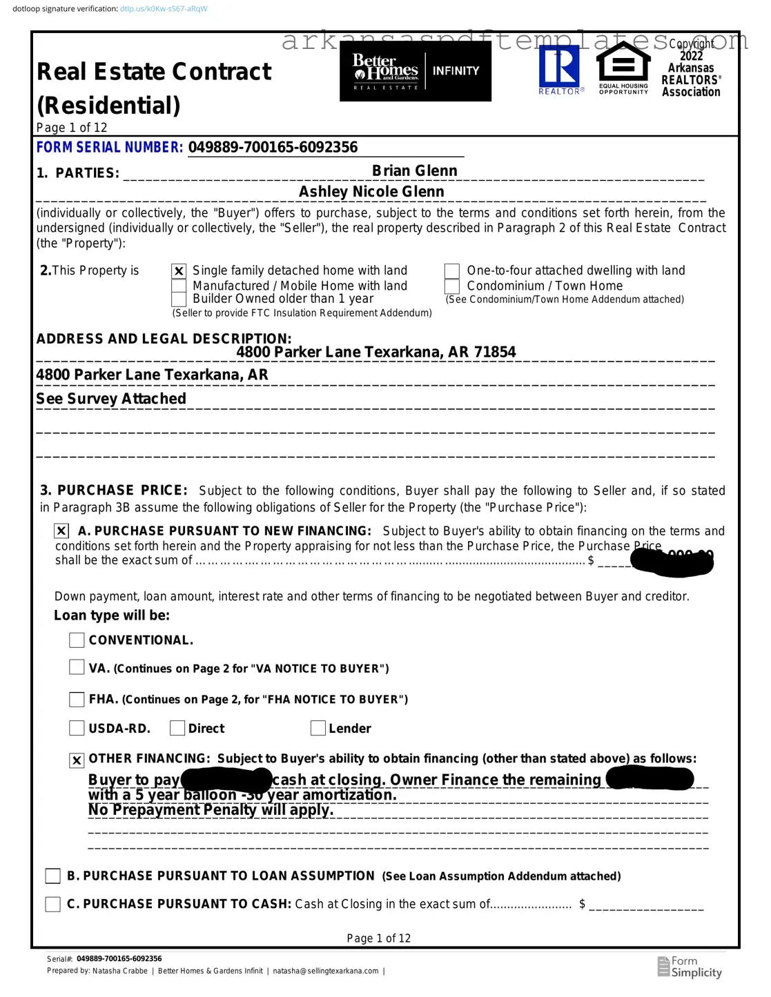 Fill Out a Valid Arkansas Real Estate Contract Residential Form