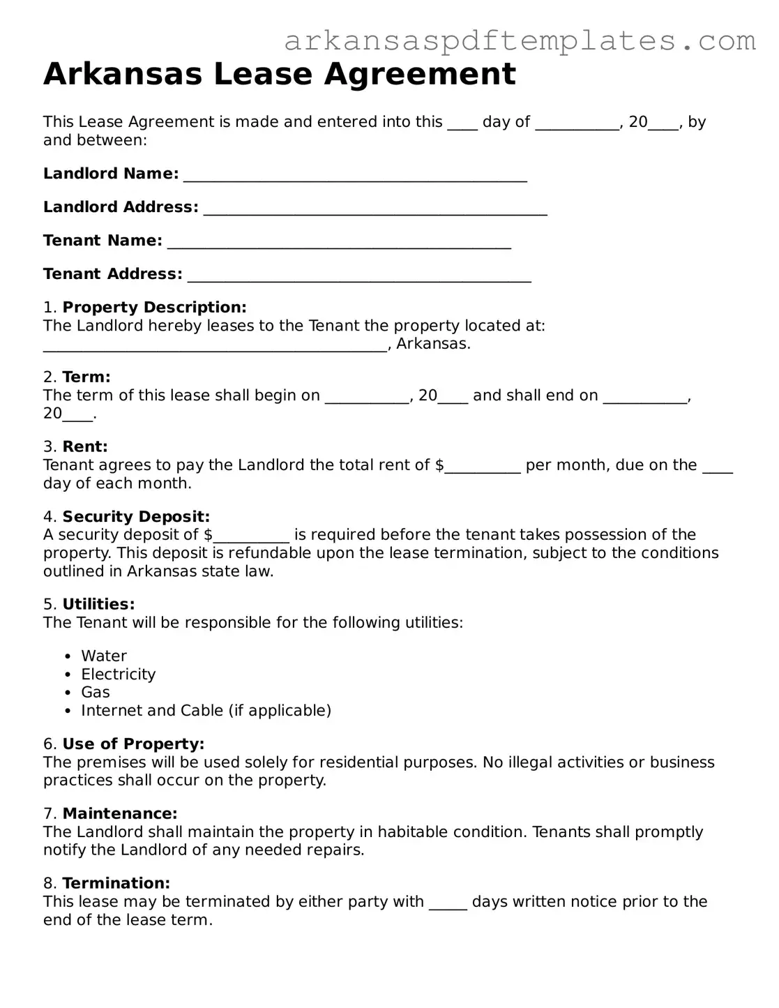 Free Arkansas Lease Agreement Template