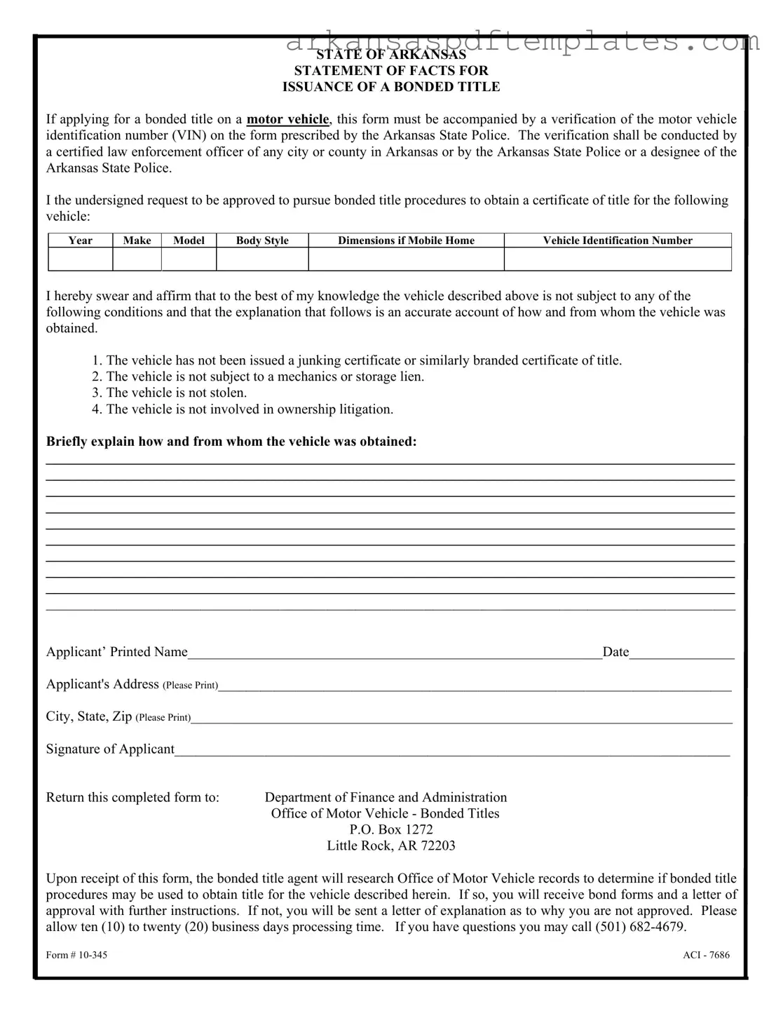 Fill Out a Valid Bonded Title Arkansas Form