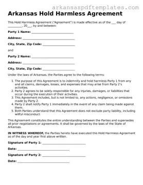 Free Arkansas Hold Harmless Agreement Template